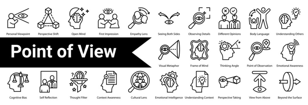 Point Of View icon sheet and collection containing: personal viewpoint, perspective shift, open mind, first impression, empathy lens, seeing both sides, observing details, different opinions
