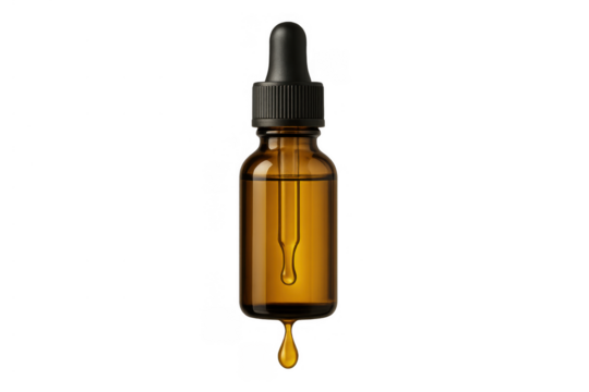Amber glass dropper bottle with pipette dispensing a single drop of serum, oil, or cosmetic liquid, transparent background - Powered by Adobe