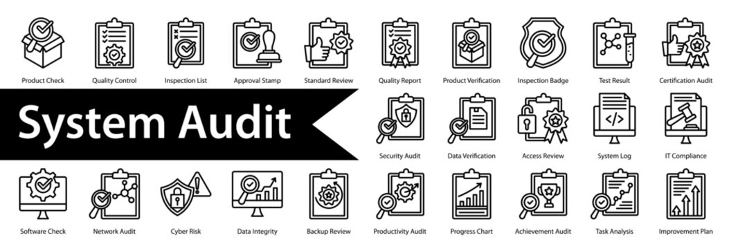 System Audit icon sheet and collection containing: product check, quality control, inspection list, approval stamp, standard review, quality report, product verification