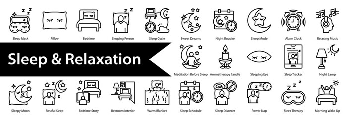 Sleep & Relaxation icon sheet and collection containing: sleep mask, pillow, bedtime, sleeping person, sleep cycle, sweet dreams, night routine, sleep mode, alarm clock, relaxing music, meditation 