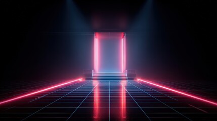 Abstract Rectangular Portal with Red and Blue Neon Lights Reflecting on Shiny Dark Floor Futuristic Sci Fi Theme