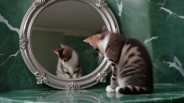 Curious kitten looks at its reflection in an ornate mirror