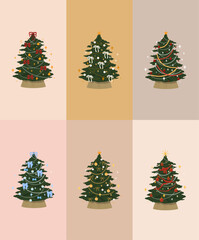 Six Christmas trees in one template, decorated with colorful ribbons, baubles, and lights. Perfect for holiday cards, invitations, and festive designs.