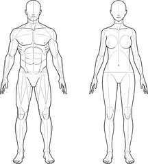 Male and female figure, fashion croquis, man woman, technical drawing, muscular body, anatomy guide, vector, line art, template, illustration.
