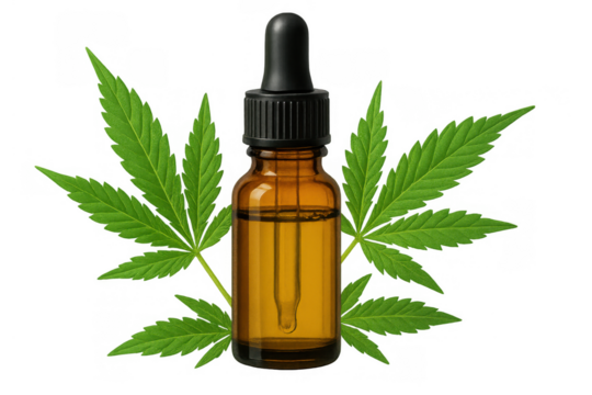 Hemp extract in a dropper bottle with green cannabis leaves, representing natural health remedies and alternative medicine