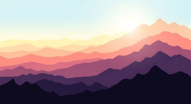 Inspiring mountain landscape at sunset. Ideal for travel, nature, or motivational themes, conveying tranquility and the beauty of exploration in soft, vibrant tones. - Powered by Adobe