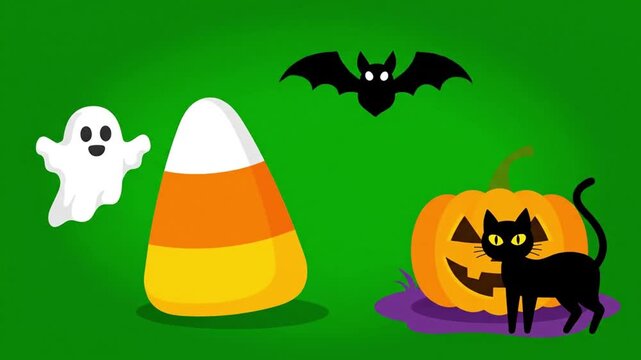 Halloween Cartoon Elements: Pumpkin Candy Corn Ghost Bat Cat.
