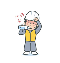 暑くて水分補給をするヘルメットを被った作業員男性のイラスト素材