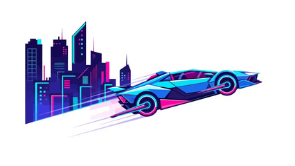 Pixel art of a futuristic blue and pink car speeding past a neonlit purple cityscape with motion blur