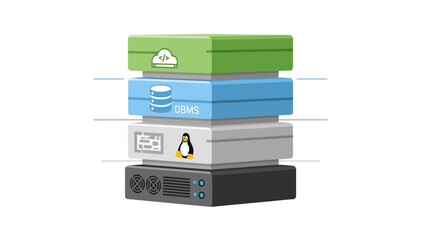 Pixel art stack of computing layers cloud DBMS OS penguin and server hardware on a white background