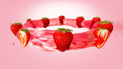 3D rendering of Fresh Strawberries Floating in Pink Liquid Splash Ring on Pastel Background

