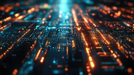Digital circuit board processing data flow with glowing lights