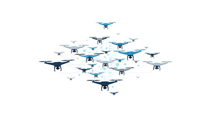 Pixelated blue and grey drones in a diamond formation against a white background connected by light blue lines