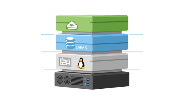 Pixel art stack of computing layers cloud DBMS OS penguin and server hardware on a white background