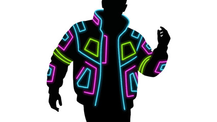 Silhouette of a person wearing a black jacket with glowing neon geometric patterns in blue pink and green