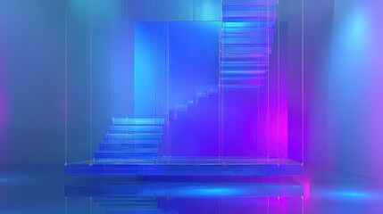 Abstract Staircase with Translucent Steps in Shades of Blue and Purple Background Lighting with Reflections and Futuristic Aesthetic