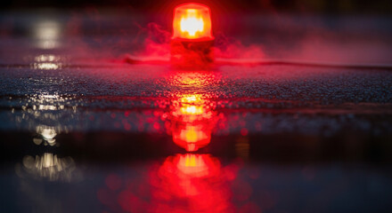Urgent red beacon flashes casting dramatic reflections on wet surface creating a sense of emergency and alarm
