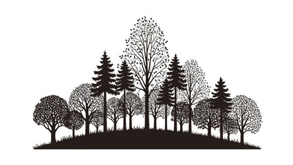Silhouette of a diverse forest with deciduous and coniferous trees on a rolling hillside against a white background