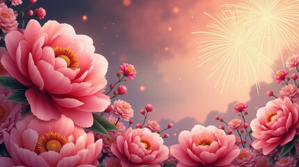 Soft focus pink peonies with glowing bokeh lights in the background