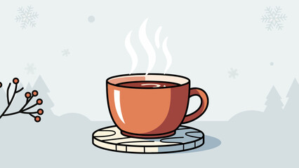 Steaming orange cup on a wooden coaster against a snowy winter backdrop with pine trees and red berries
