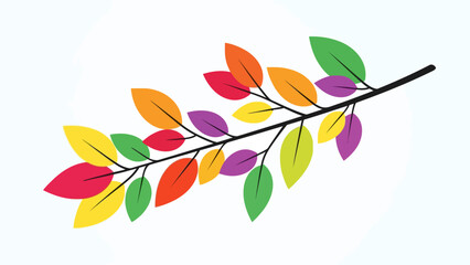Stylized black branch adorned with numerous bright yellow red orange green and purple leaves on a white background