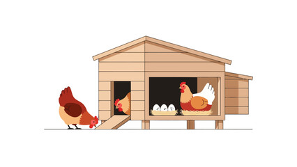 Three cartoon chickens around a wooden coop one pecking one in an entrance and one on eggs
