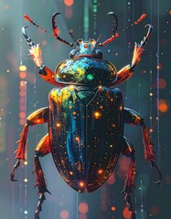 A vibrant digital illustration of a beetle with a colorful iridescent shell, enhanced by bokeh lights and intricate details