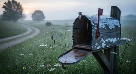 Old rustic mailbox standing open on a foggy country morning road.