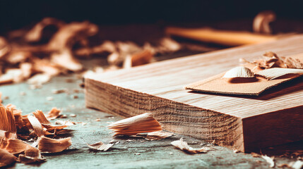 sandpaper. Sandpaper on a wooden board edge with wood shavings, contrasting raw and finished surfaces. safety posters.