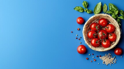 A still life composition featuring a basket of ripe cherry tomatoes, fresh basil leaves, and a scattering of peppercorns on a bright blue surface.
