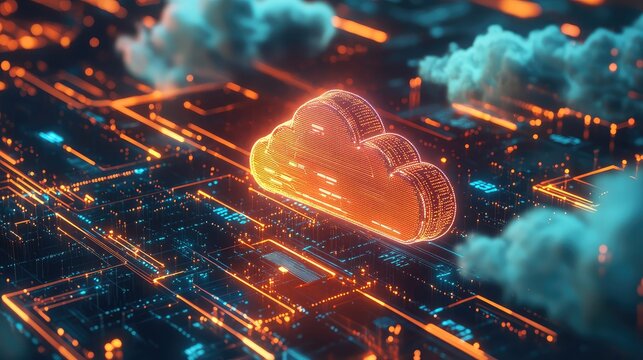 Cloud computing data network on illuminated circuit board - Powered by Adobe