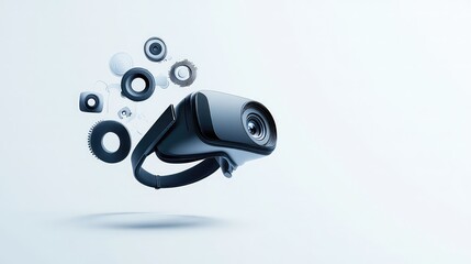 VR Device and Futuristic Elements: A sleek VR device, accompanied by floating abstract elements, epitomizes technological innovation, hinting at immersive digital experiences.