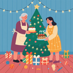 A Grandmother and Her Granddaughter Celebrate Christmas Illustrator Artwork Banner Background Design Template 
