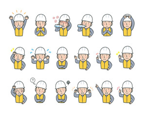 様々な表情とポーズの作業員男性の上半身イラストセット