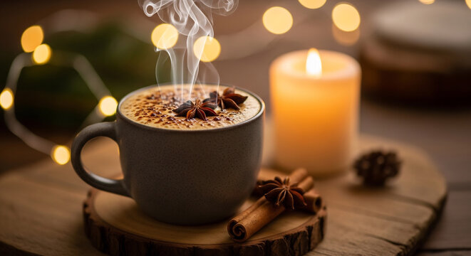 Steaming Artisanal Holiday Coffee with Spices and Candle Light