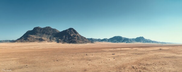 Wide desert plain with rugged rocky mountains under a clear blue sky, creating a vast warm landscape with open space for text, ideal for nature themes, travel concepts, or atmospheric design projects