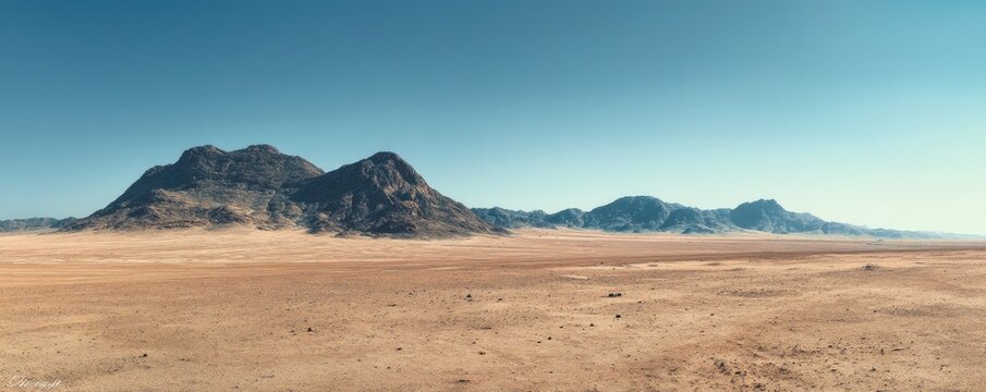Wide desert plain with rugged rocky mountains under a clear blue sky, creating a vast warm landscape with open space for text, ideal for nature themes, travel concepts, or atmospheric design projects