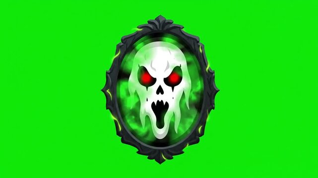 Animated Magic Mirror Reveals Spooky Skull on Green Screen.