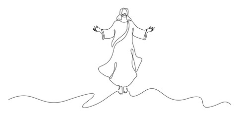 continuous line of Jesus with open arms.
single line drawing of Jesus for his people.single line depicting the theme of faith, hope, divinity, and inspiring religious symbolism.