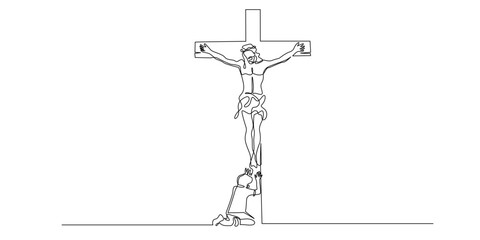 continuous line of a child praying under the cross of Jesus. One line vector illustration of Christian religion. Belief, help and church.