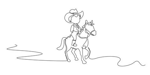 Continuous line illustration of a small cowboy riding a horse. One line minimalist drawing, portraying a child in cowboy attire, complete with hat and boots, riding confidently on a horse.