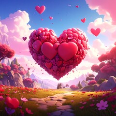 A whimsical landscape features a large heart made of smaller hearts floating above a meadow. Pink skies and trees add to the scene's romance