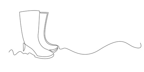 Continuous line illustration of rubber boots.
One line drawing in a simple minimalist style, suitable for outdoor themes, farming concepts, and work safety elements.