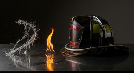 Dramatic scene of a firefighter's helmet with dynamic water splash and vibrant flame, symbolizing courage and resilience