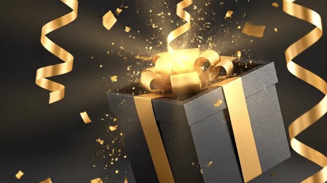 A textured black gift box with a gold ribbon and bow explodes with golden light and confetti against a dark background flanked by swirling ribbons