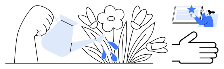 Hand watering blooming flowers, drops falling on leaves, symbolizing nurturing. Document with star, hand gesture imply trust, care, success. Ideal for growth, education teamwork recognition