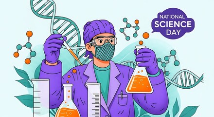 Illustration of a scientist conducting experiments in a lab for national science day, showcasing research, innovation, and scientific progress