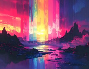 A vibrant digital landscape with a celestial aurora, cascading light columns merging with a reflective body of water and distant mountains