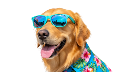 Golden retriever dog wearing sunglasses and hawaiian shirt isolated on transparent background