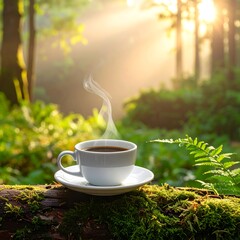 A white coffee cup sits on a mossy log with steam rising, set against a sun-dappled forest background
